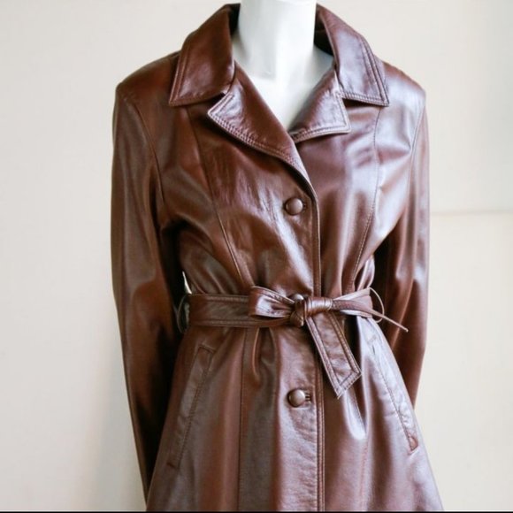 Vintage Chestnut Brown 70s Leather Belted Coat (RELISTED) - Picture 3 of 11